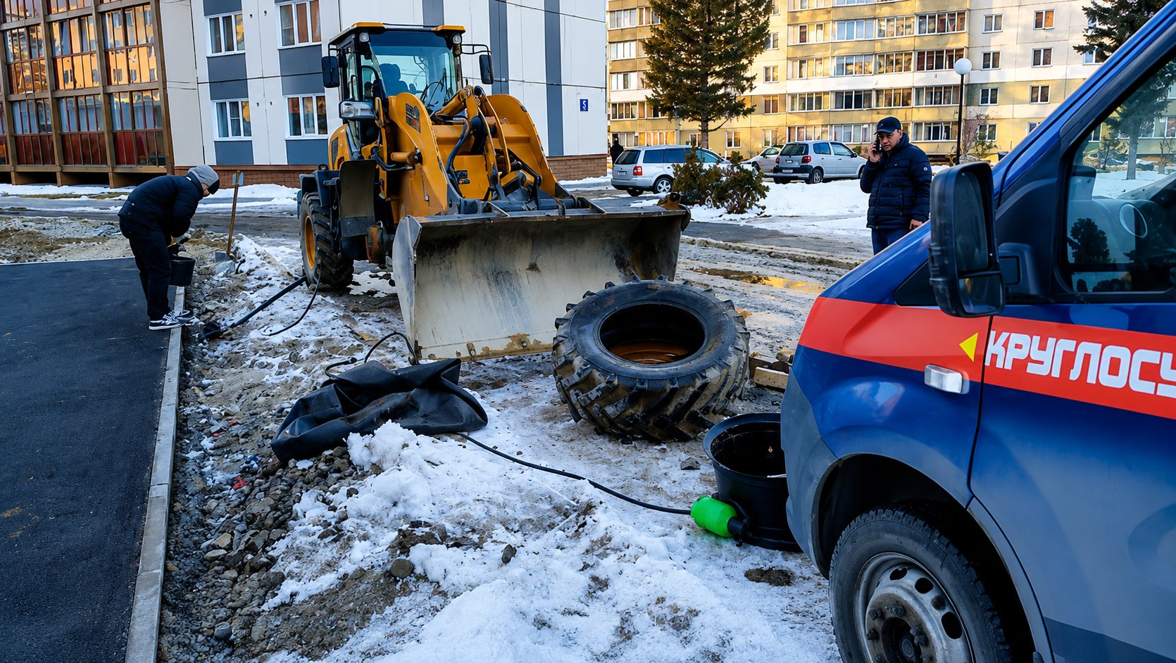 Шиномонтаж погрузчика во дворе